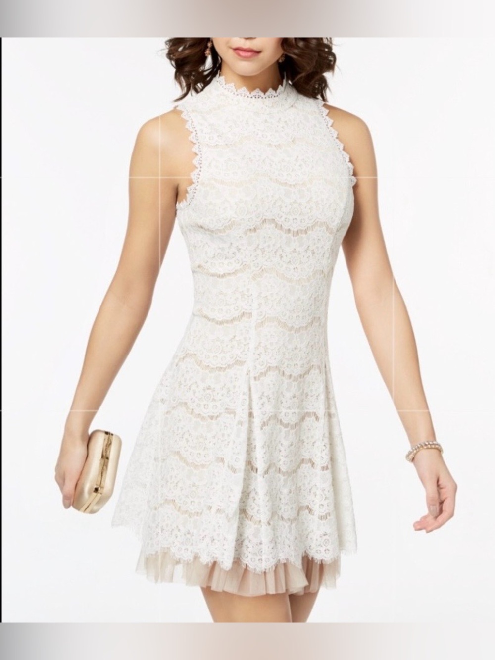 Francesca's Dress Lace Mock Neck Featuring Tulle Hemline Cream Sz Small